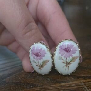 Floral Oval Screw On Earrings with Gold Accents
